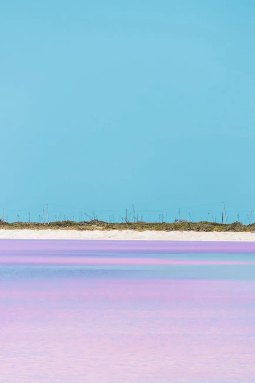 Bassin de sel à l'eau rose pâle sous un ciel bleu à Las Coloradas, sur la côte nord du Yucatán