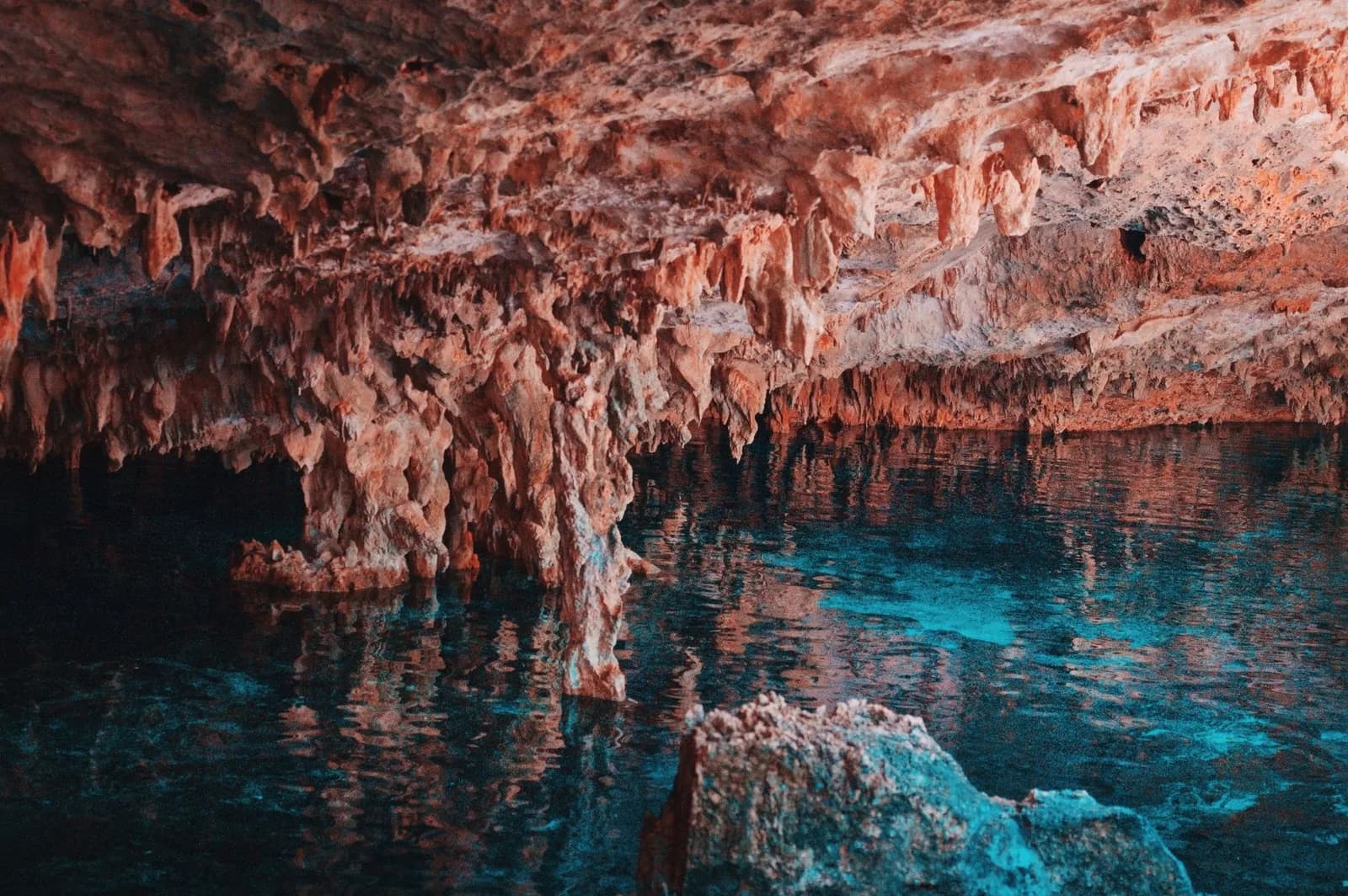 Stalactites au-dessus d'une eau claire dans un cenote de la péninsule du Yucatán