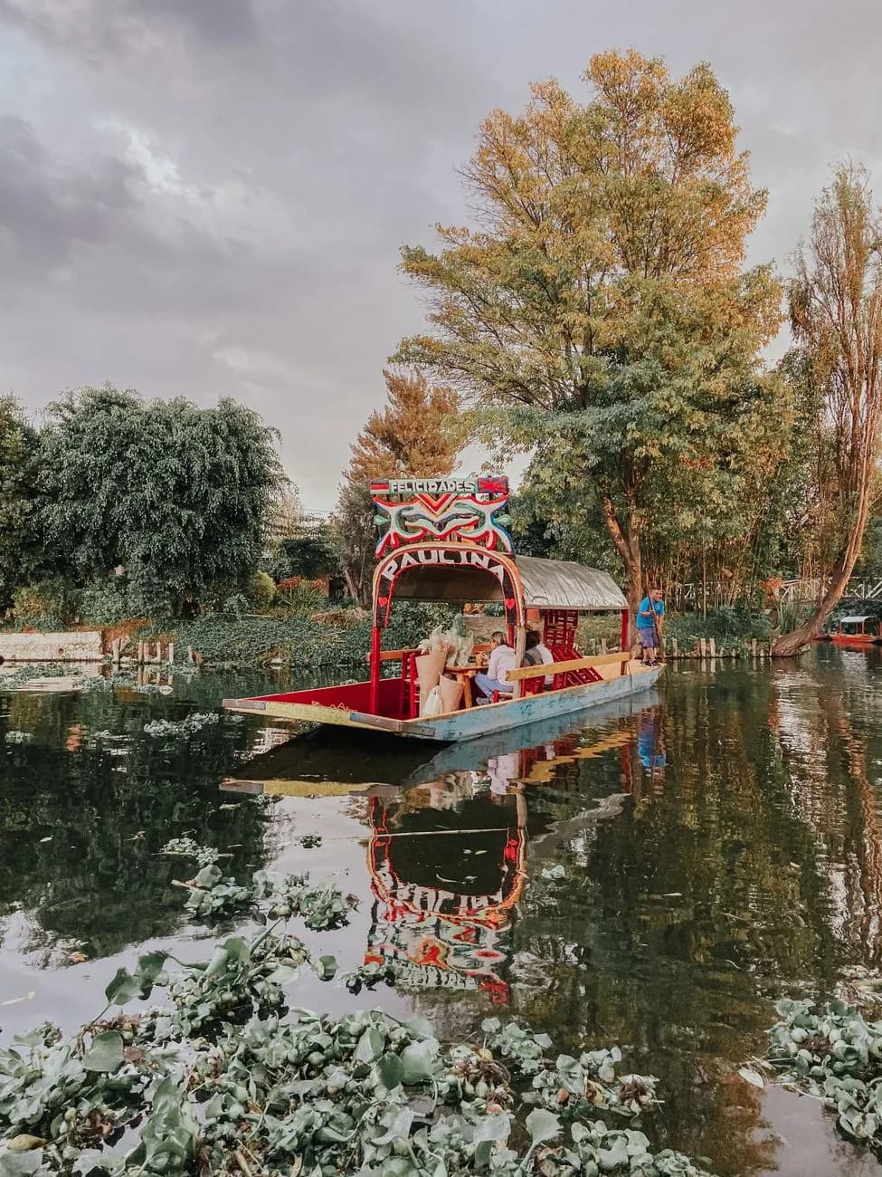Trajinera aux couleurs vives naviguant sur un canal bordé d'arbres à Xochimilco, au sud de Mexico