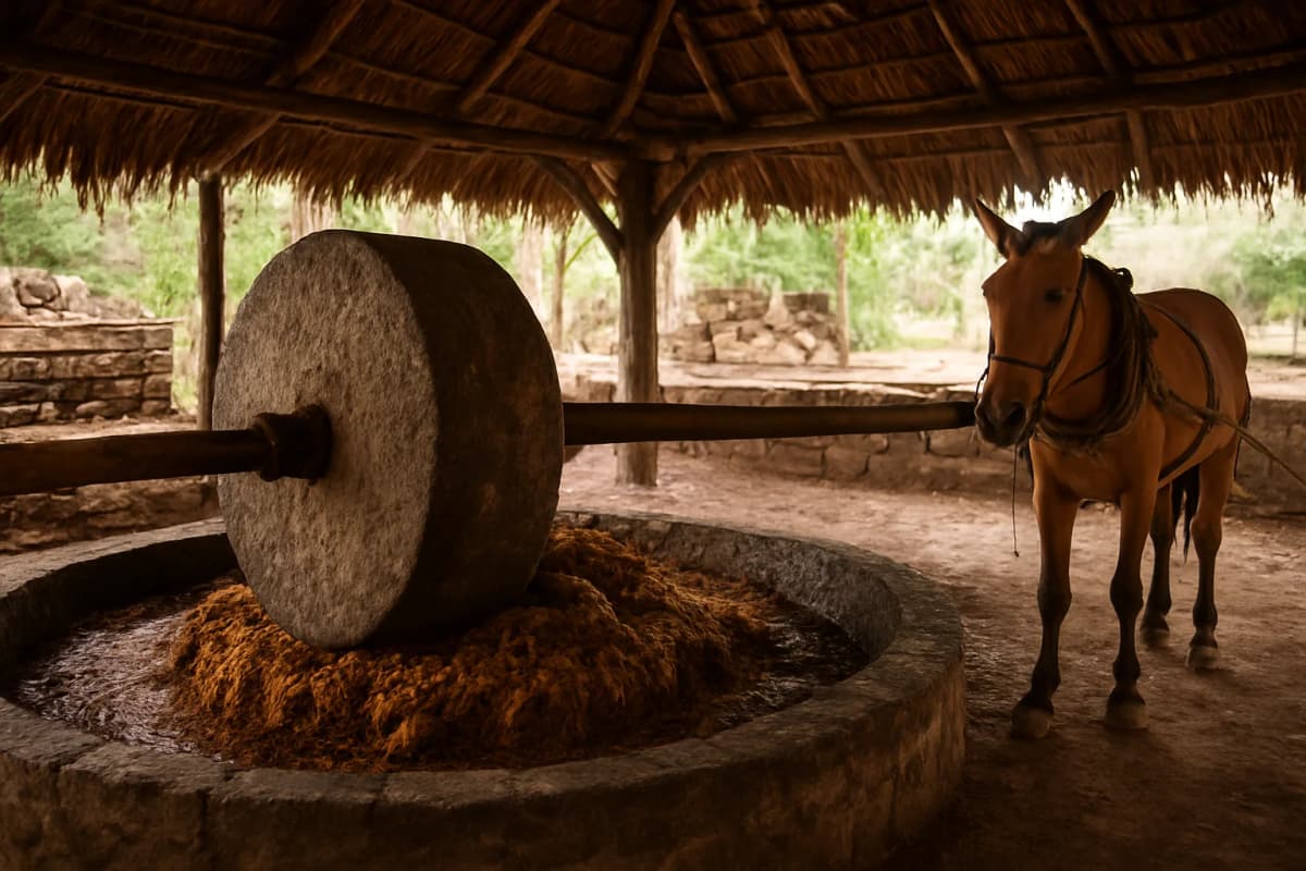 Meule de pierre écrasant l'agave cuit dans une fosse circulaire, cheval attelé sous un toit de palme