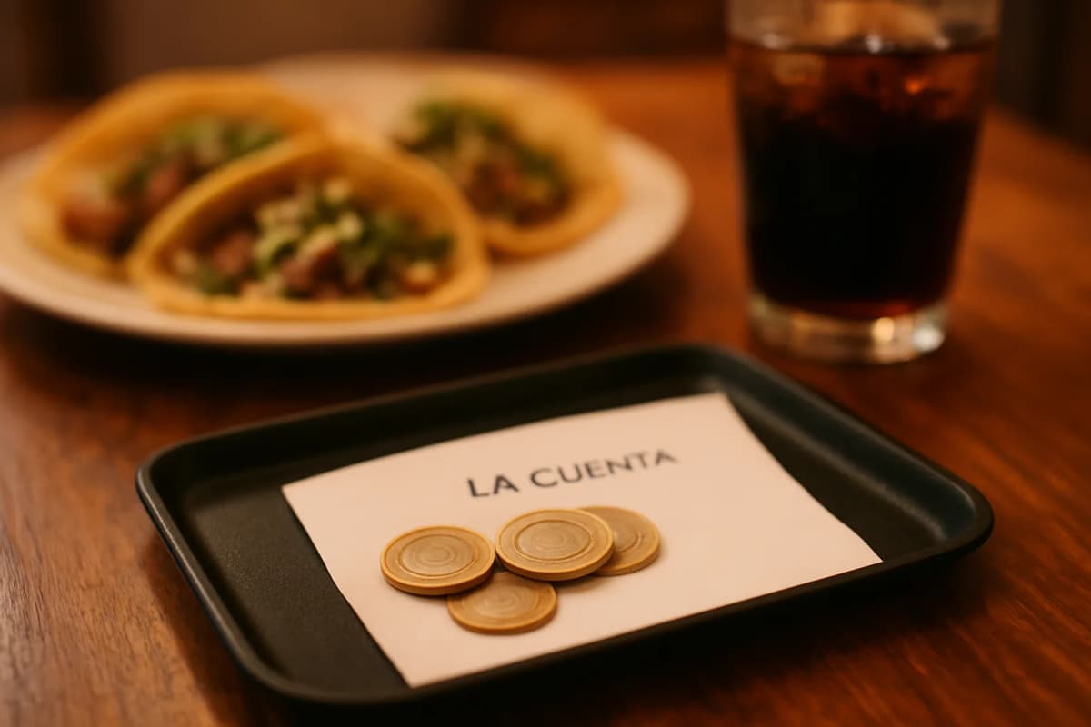 Plateau avec l'addition « La cuenta » et quelques pièces de pourboire, tacos en arrière-plan