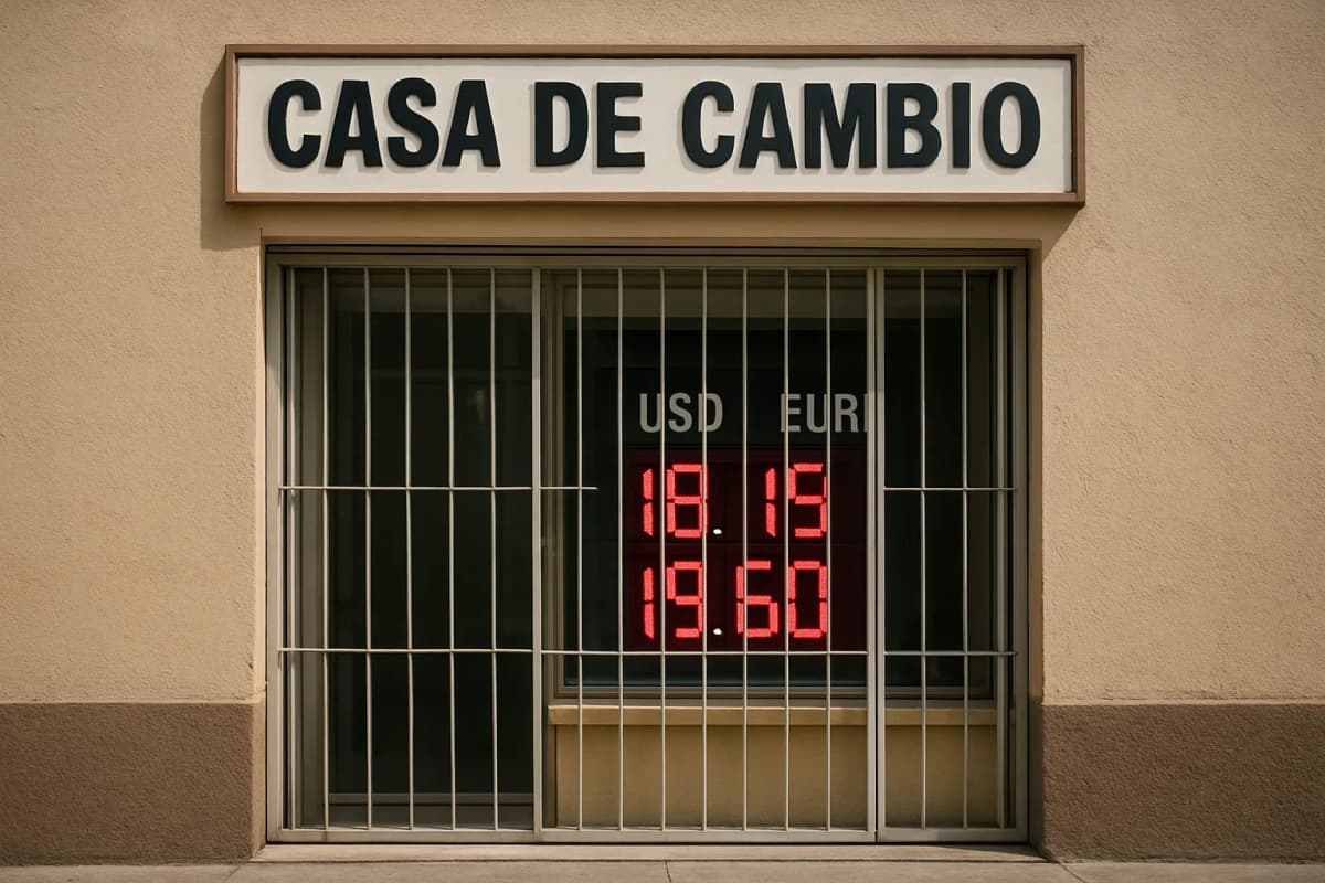 Façade d'une casa de cambio avec son enseigne et un panneau lumineux de taux derrière une grille
