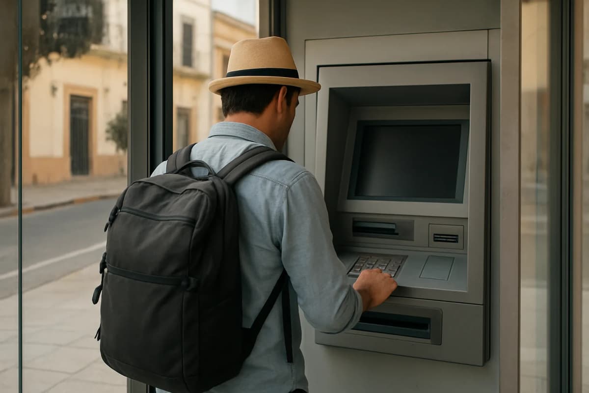 Voyageur retirant de l'argent à un distributeur automatique installé dans un sas vitré