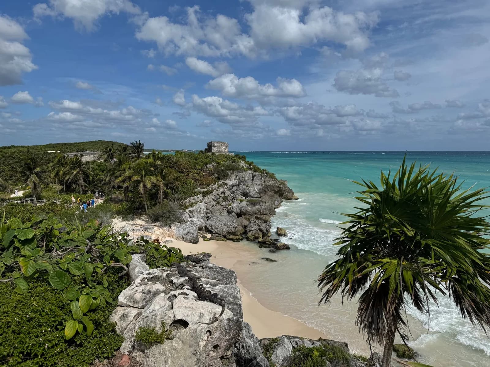 Ruines mayas de Tulum perchées sur la falaise au-dessus d'une plage de sable et d'une mer turquoise, Quintana Roo