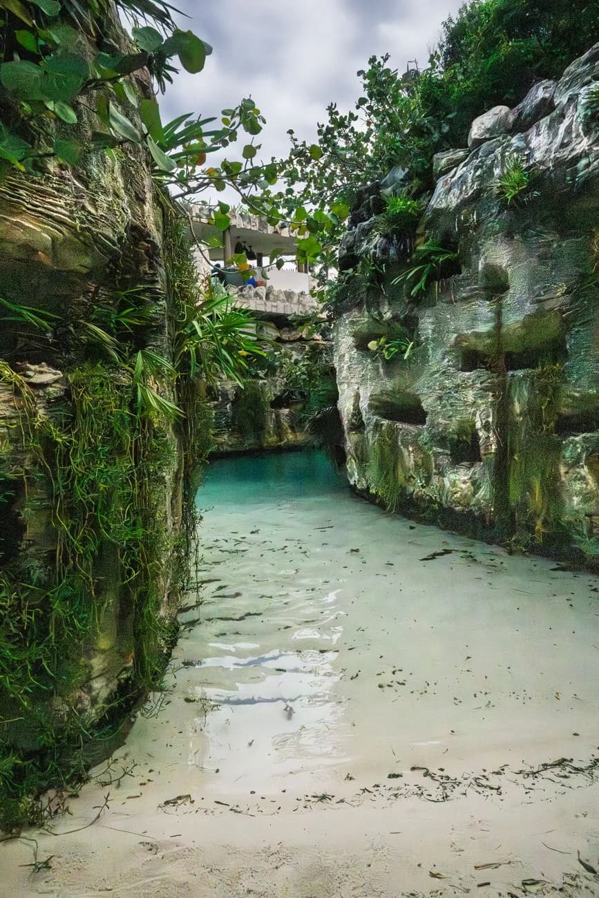 Rivière souterraine à ciel ouvert entre les parois calcaires du parc Xcaret, Riviera Maya