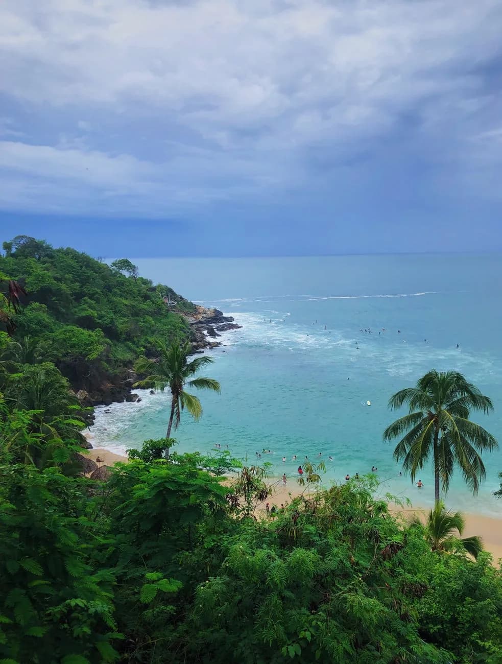 Crique de sable entourée de végétation tropicale et de palmiers à Puerto Escondido, Oaxaca