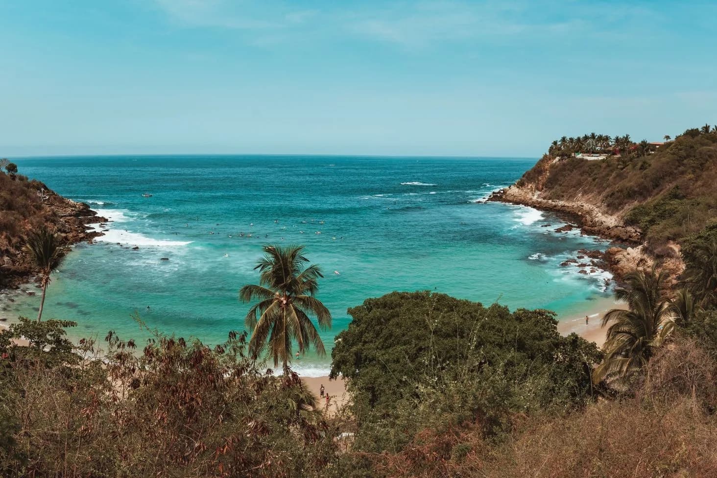 Petite crique à l'eau turquoise bordée de falaises, avec un palmier, près de Puerto Escondido
