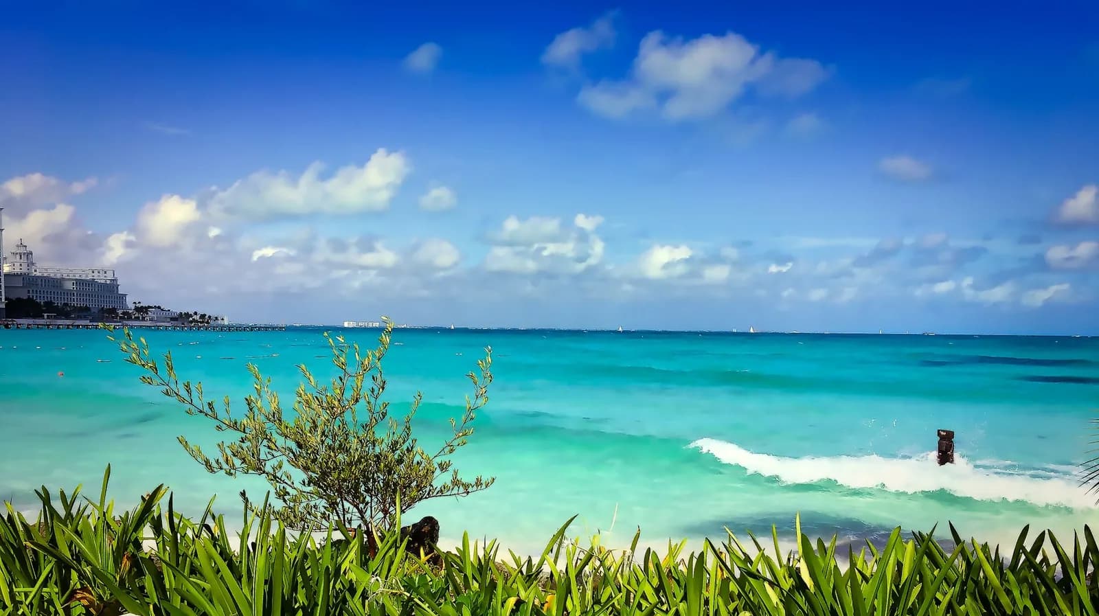 Mer turquoise et plage de sable blanc sans sargasses devant la zone hôtelière de Cancún, Mexique
