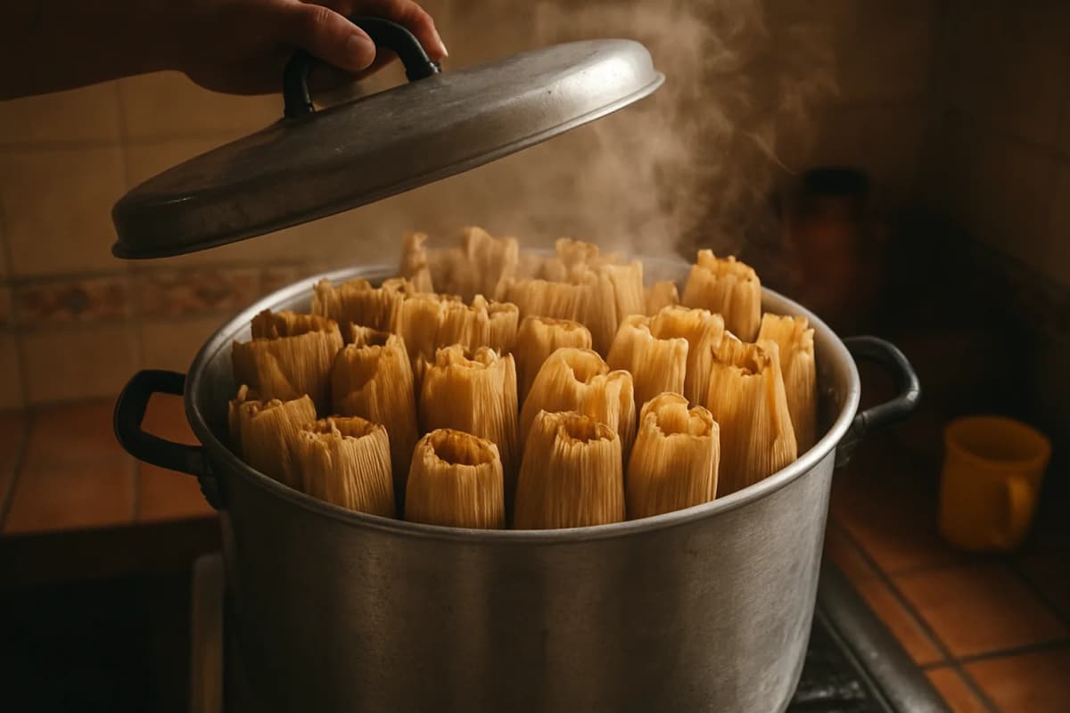Marmite en aluminium remplie de tamales debout dans leurs feuilles de maïs, couvercle soulevé et vapeur qui s'échappe