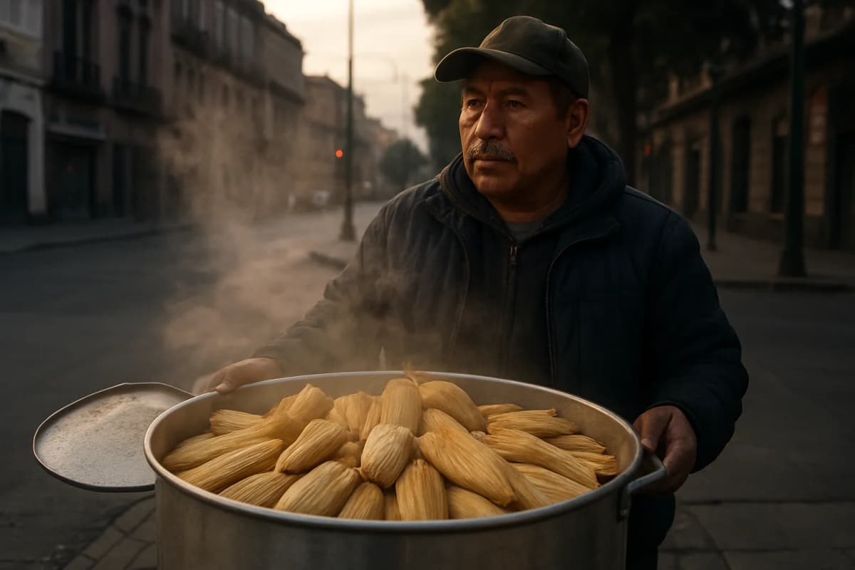 Vendeur de tamales dans une rue de Mexico à l'aube, devant sa grande marmite fumante de tamales en feuilles de maïs