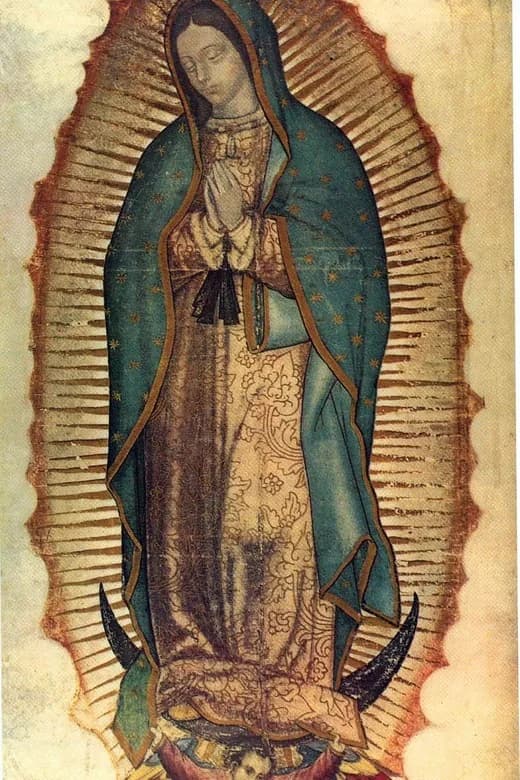 Image de Notre-Dame de Guadalupe sur la tilma de Juan Diego : Vierge aux mains jointes, manteau étoilé, rayons dorés, croissant de lune et ange
